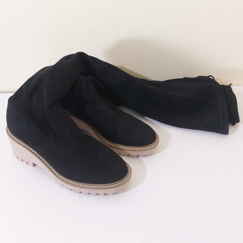Nicole Miller Bass Black Vegan Leather Grunge Over The Knee Chunky Heeled Boot - Picture 5 of 13